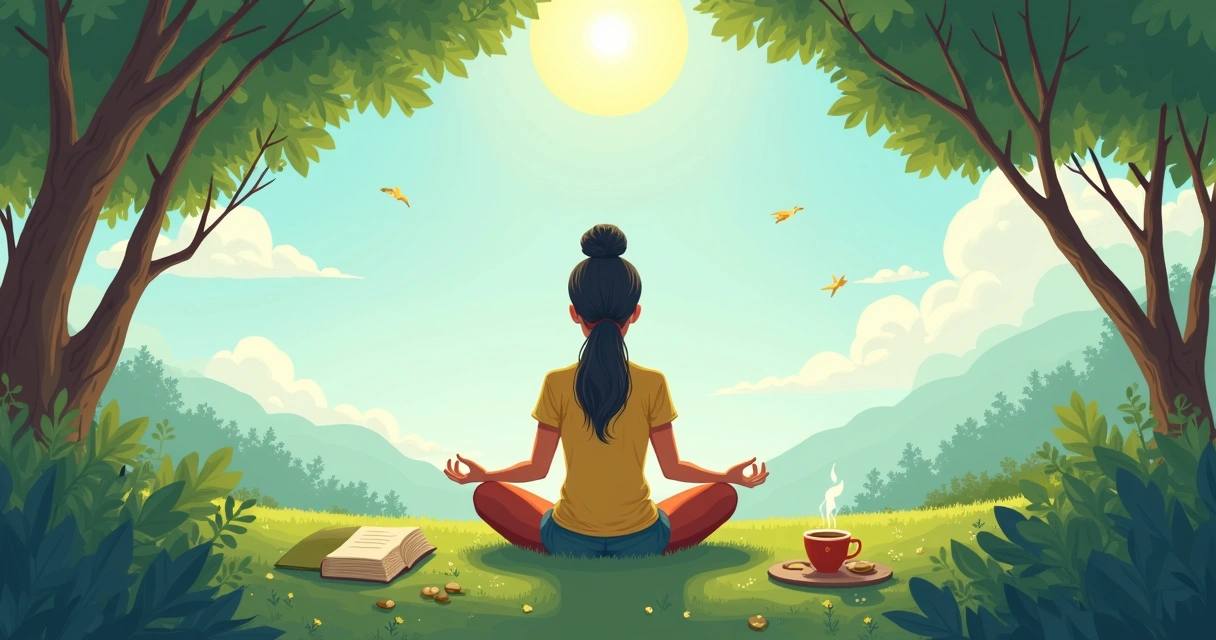 Pessoa meditando em um ambiente natural com diário, caneta e xícara de chá ao redor, simbolizando autoconhecimento.