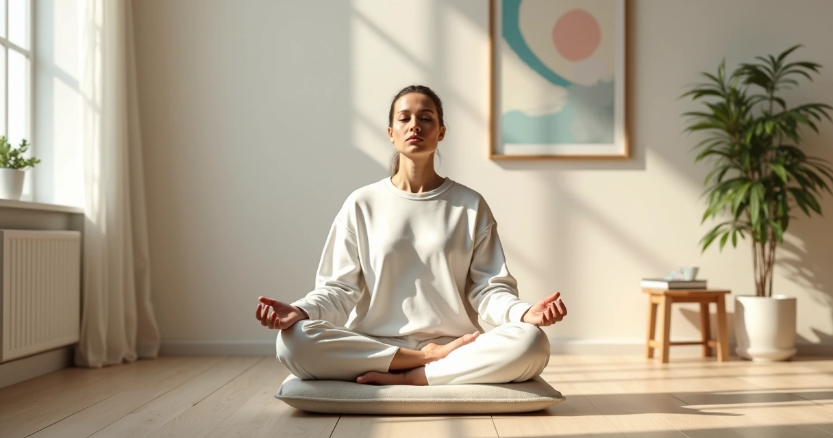 Pessoa meditando em ambiente minimalista com luz natural suave e foco em clareza mental 
