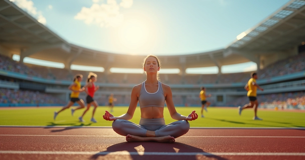 Pessoa meditando em meio a ambiente de competição esportiva intensa 