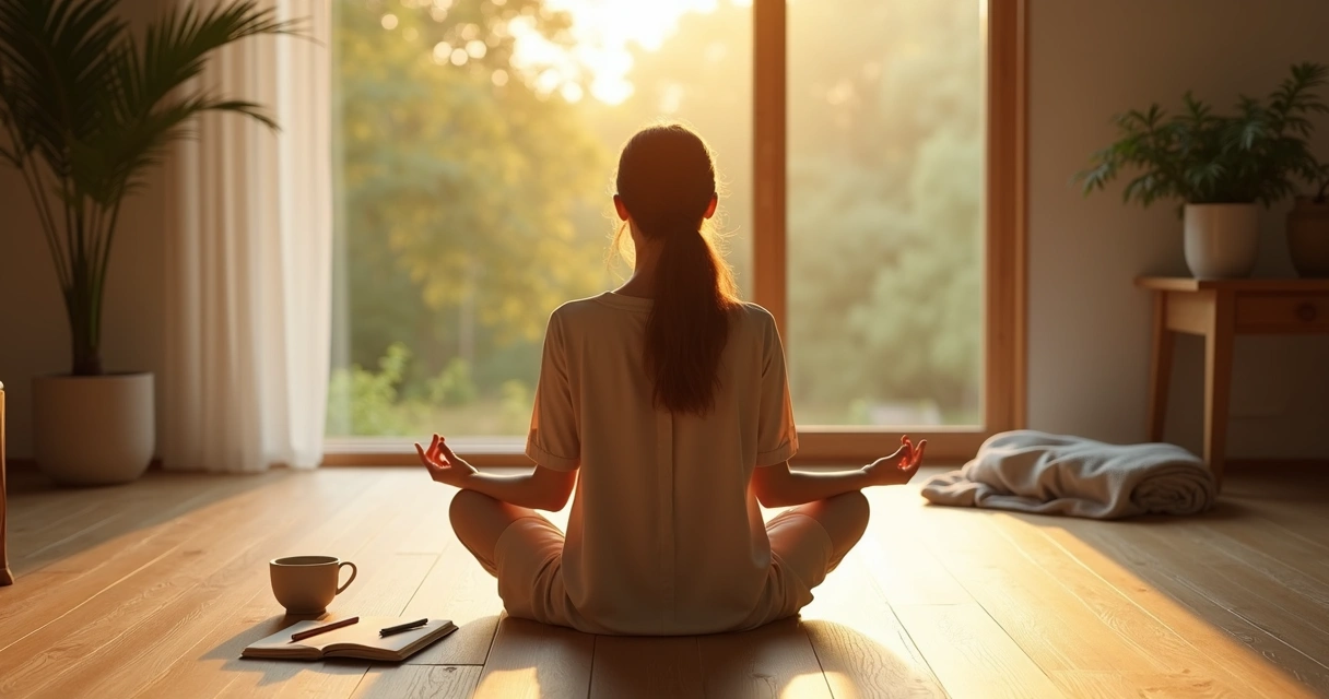 Pessoa sentada no chão em posição de meditação em sala iluminada pela manhã 