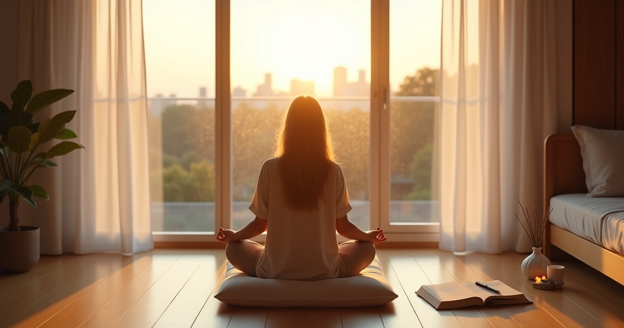 Pessoa meditando ao amanhecer diante de uma janela com caderno de anotações ao lado 