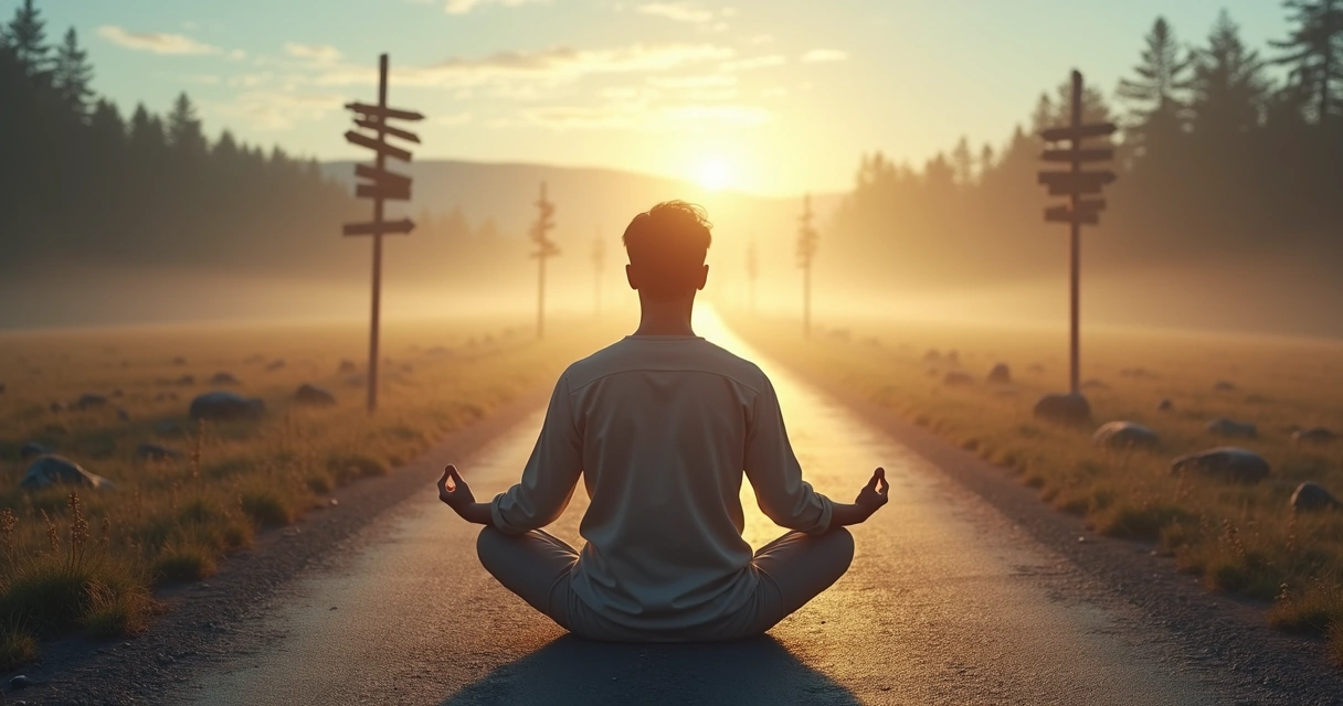 Pessoa sentada em posição de meditação em uma encruzilhada, refletindo sobre o autoconhecimento 