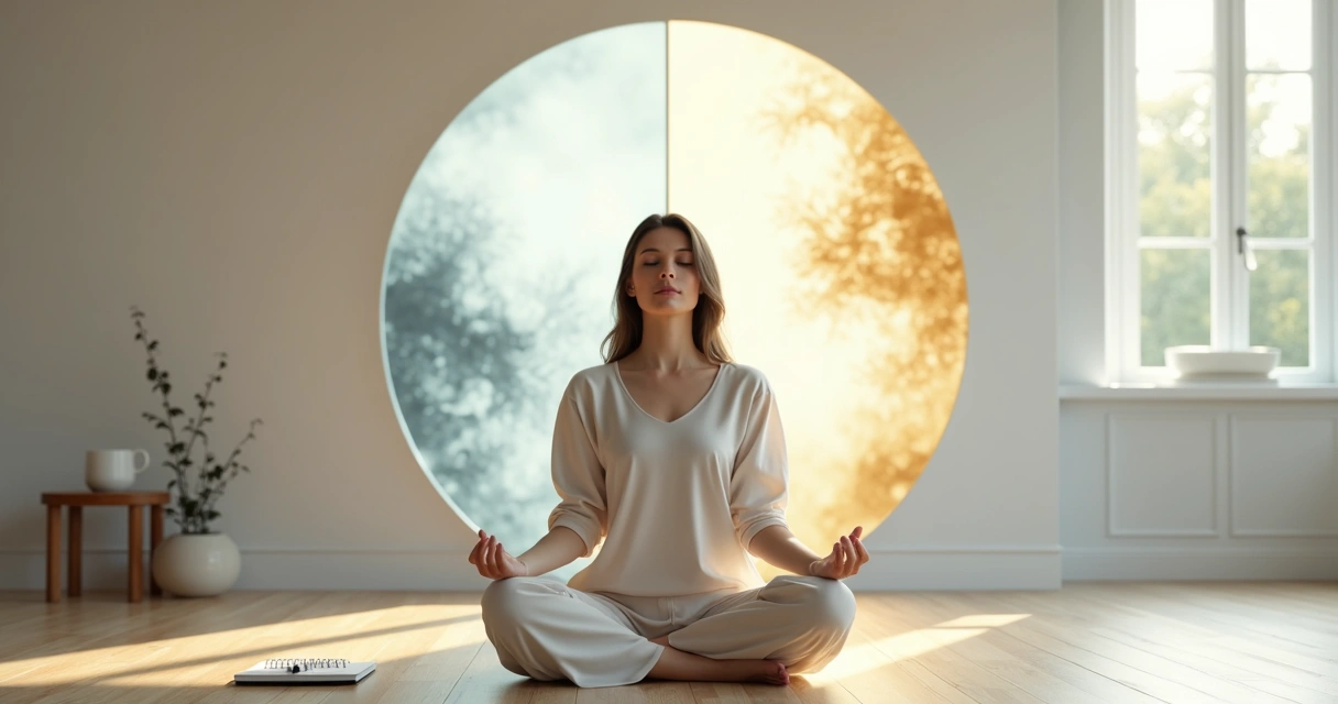 Pessoa meditando em posição de lótus diante de reflexo simbólico de autoconhecimento 