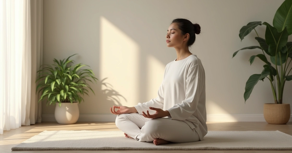 Pessoa meditando de olhos fechados, simbolizando autoconhecimento. 