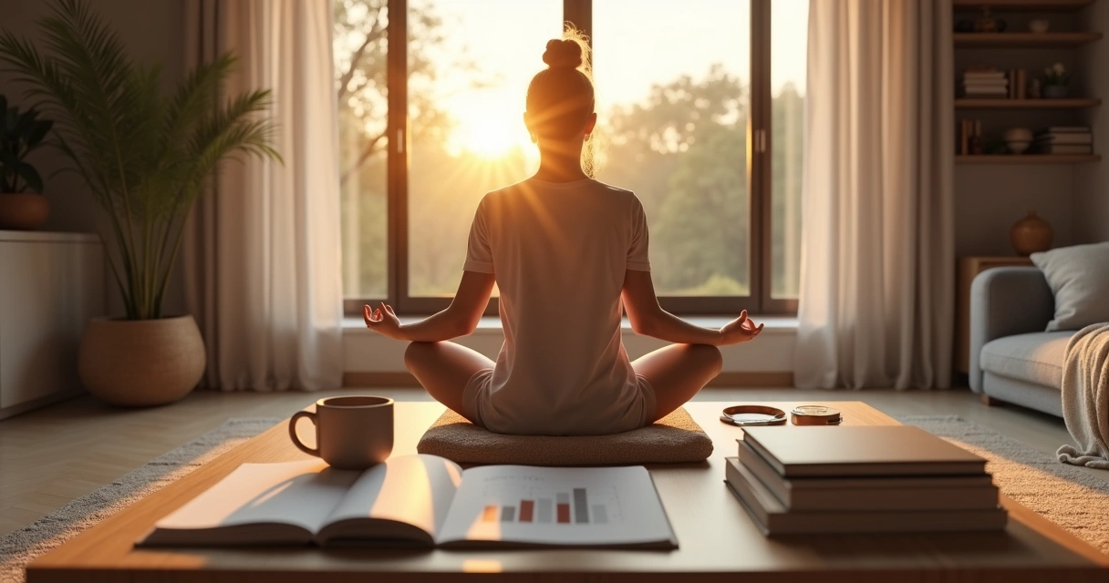 Pessoa meditando em casa com caderno e símbolos sutis de prosperidade ao redor 