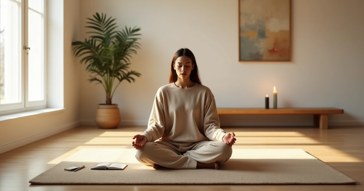 Pessoa sentada em silêncio meditando em uma sala minimalista iluminada pelo amanhecer 
