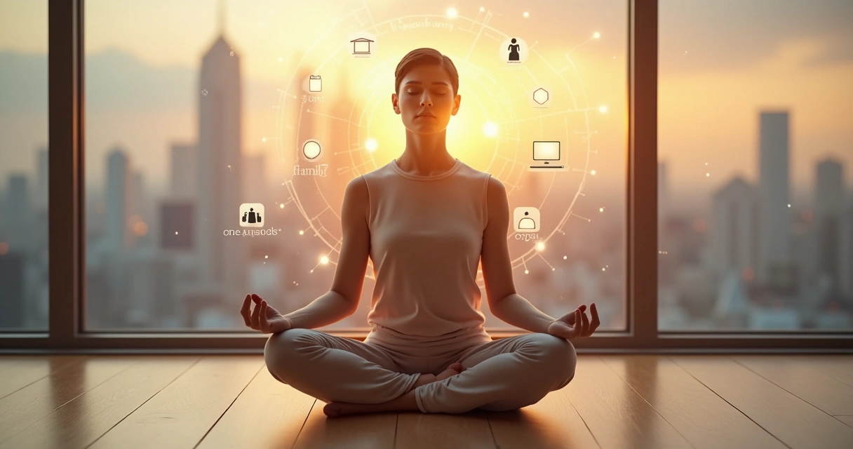 Pessoa meditando em posição de lótus com silhuetas de conexões entre pessoas ao fundo 