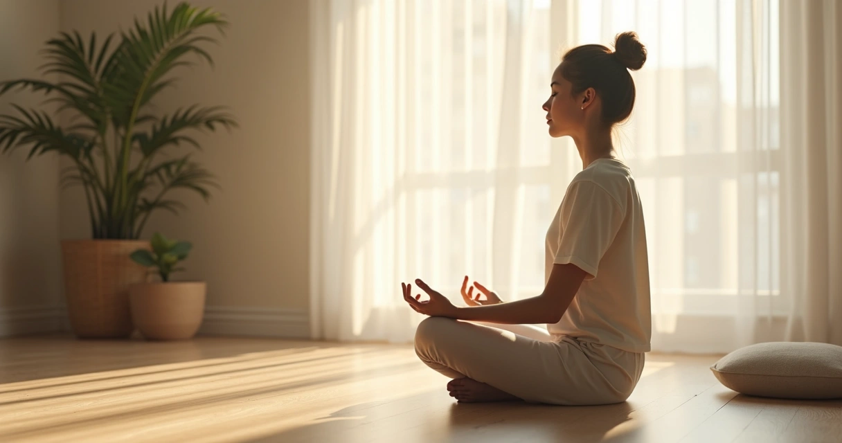 Pessoa sentada em posição de meditação em ambiente calmo, concentrada em emoções internas 