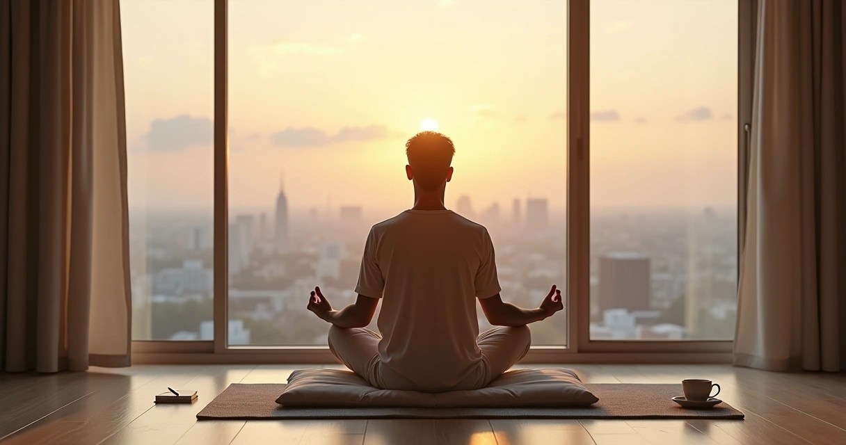 Pessoa sentada à beira de uma janela grande meditando ao amanhecer 