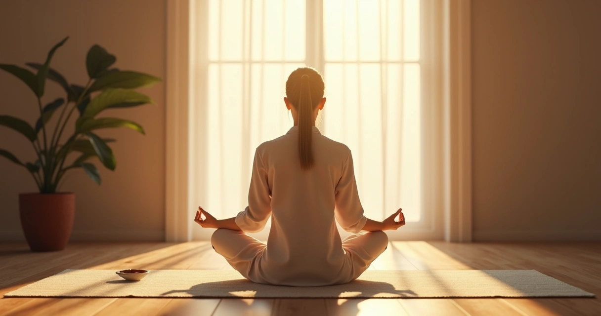 Pessoa sentada em posição de meditação em ambiente tranquilo, luz suave 