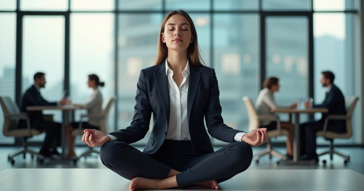 Pessoa praticando meditação antes de reunião de negócios 