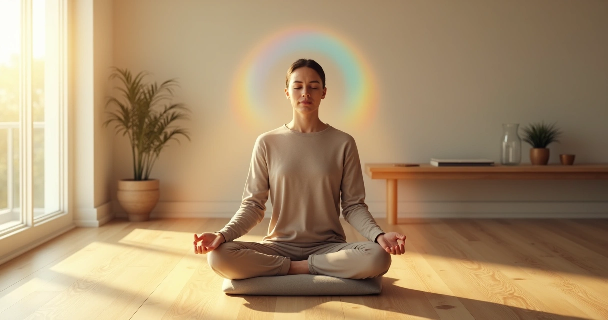 Pessoa em meditação profunda em sala minimalista com luz suave 