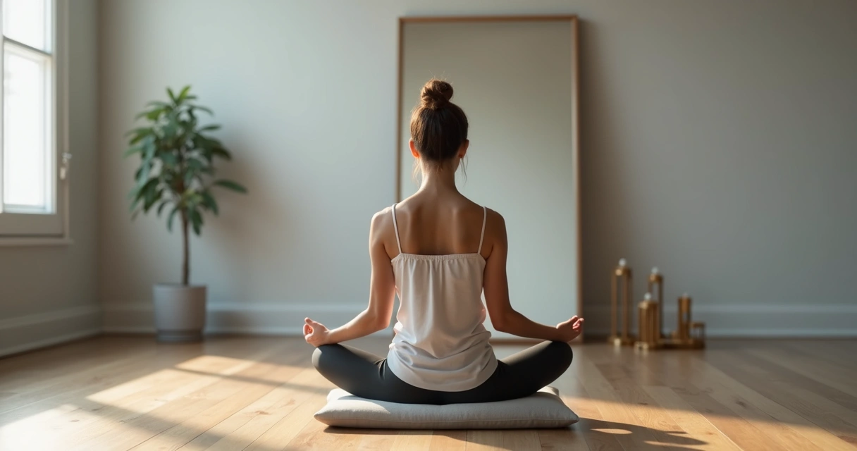 Pessoa meditando diante de espelho com reflexo distorcido 