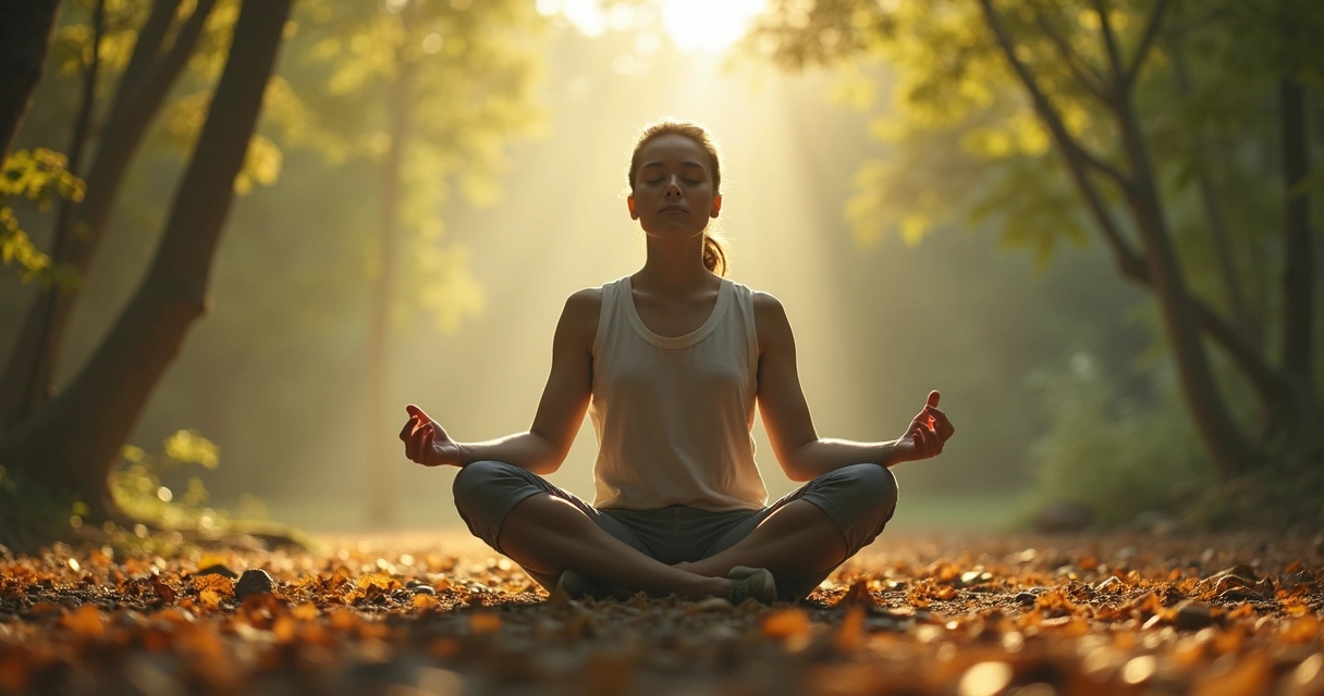 Pessoa sentada em posição de lótus em silêncio, meditando sozinha em um ambiente natural 