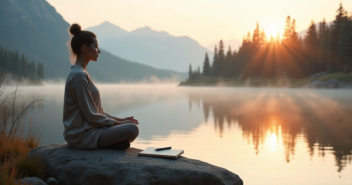 Pessoa meditando à beira de lago calmo ao amanhecer diante do próprio reflexo na água 