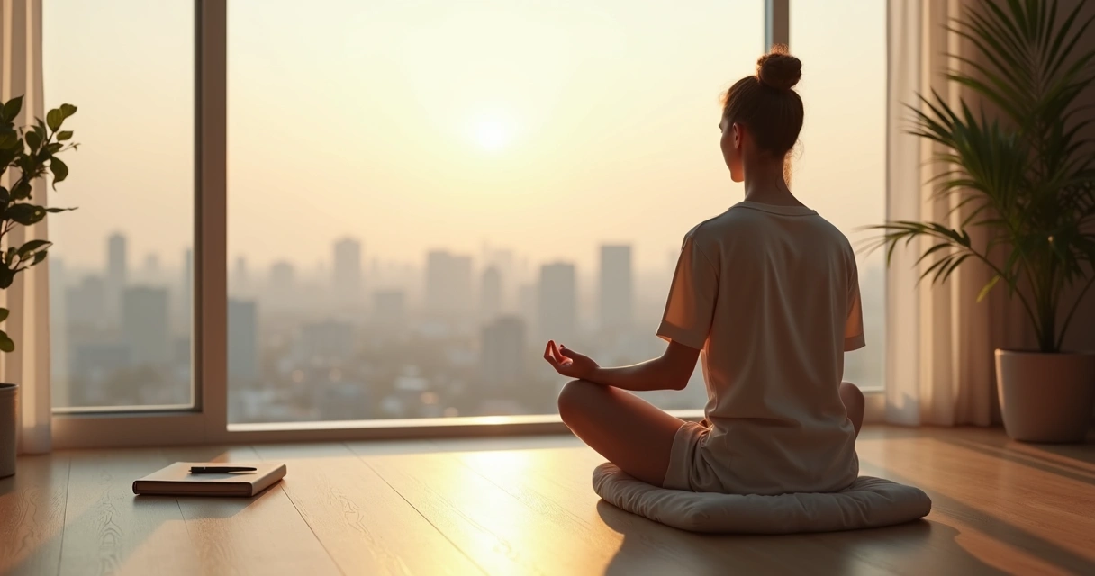 Pessoa sentada meditando diante de janela ampla com cidade ao fundo 