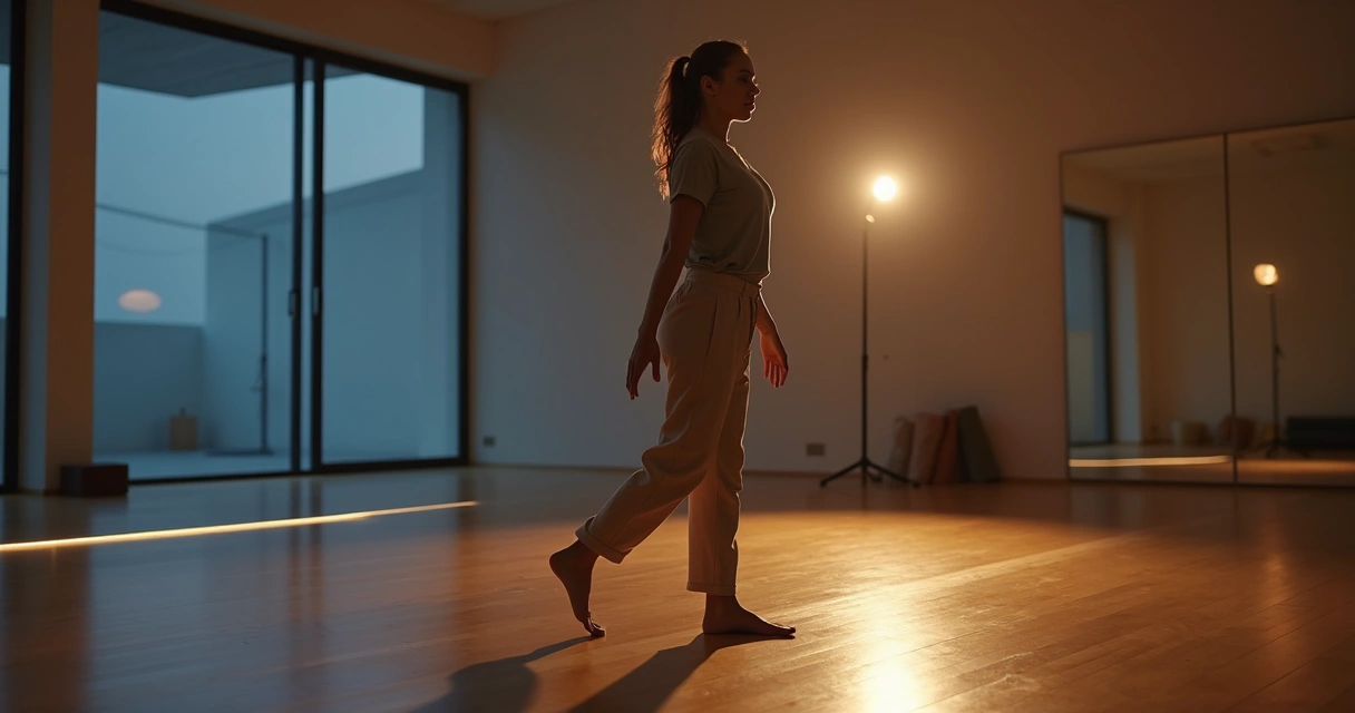 Pessoa em sala de dança escura praticando meditação em movimento com foco no corpo 