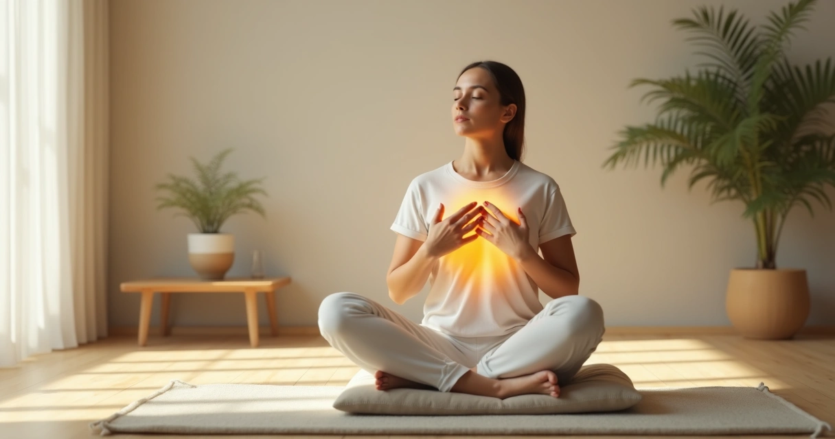 Pessoa sentada em meditação com foco no coração e mente iluminados 