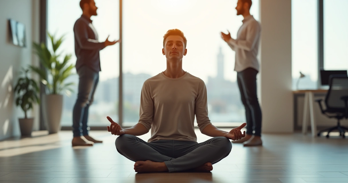 Pessoa calma meditando em meio a duas pessoas discutindo 