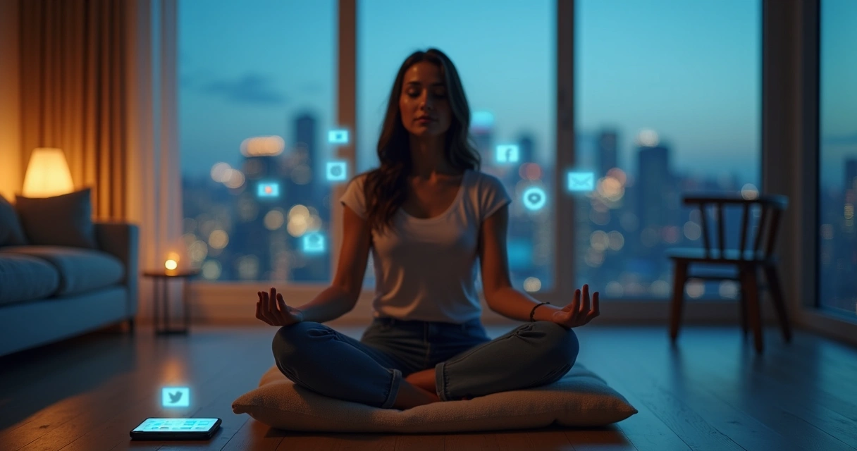 Pessoa meditando com celular ao lado em ambiente digital calmo 