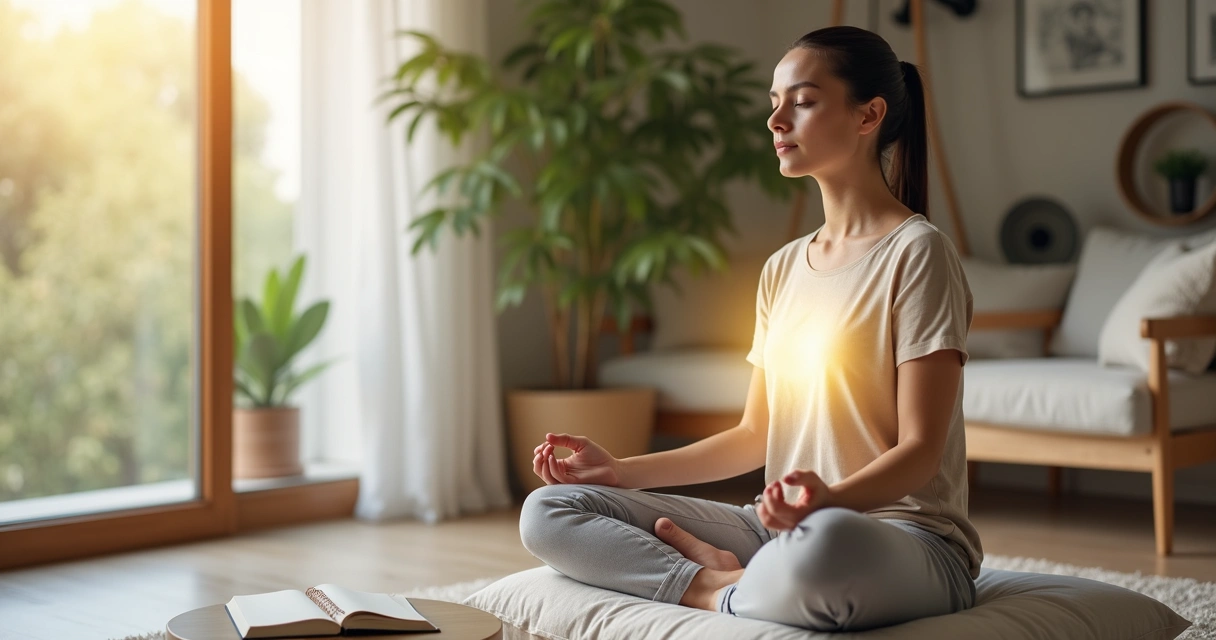 Pessoa sentada em meditação praticando autorregulação emocional em ambiente calmo 