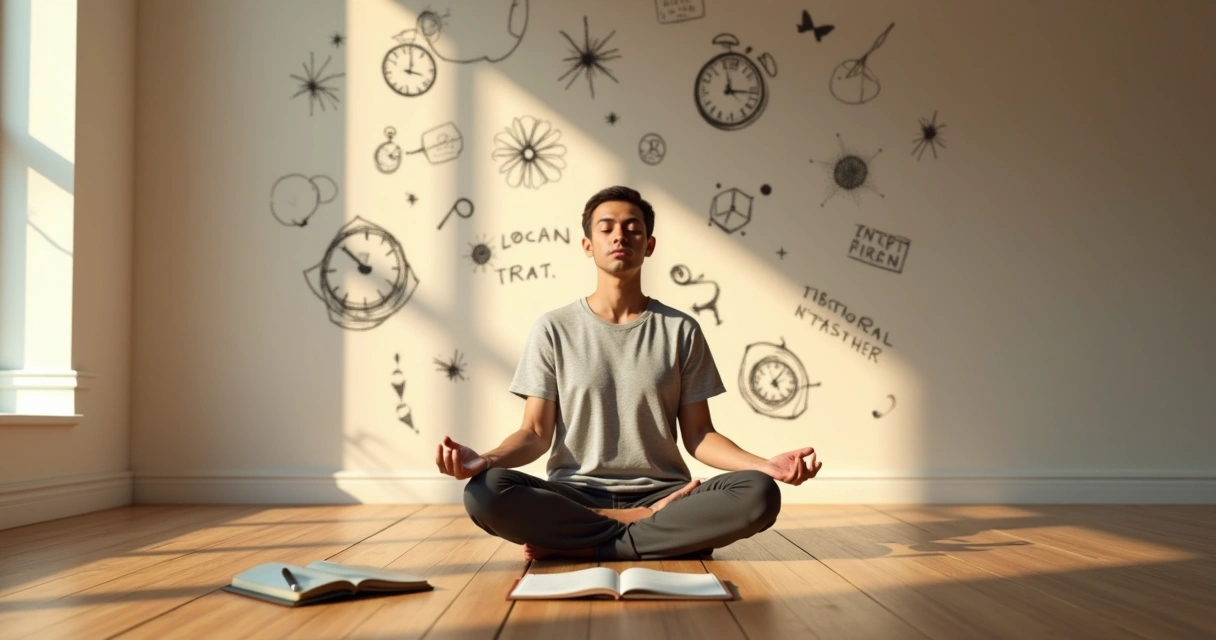 Pessoa meditando em posição de lótus com sombras representando autossabotagem ao fundo 