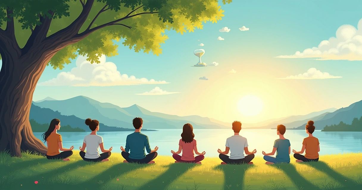 Grupo de pessoas meditando sob uma árvore em um cenário natural e tranquilo.