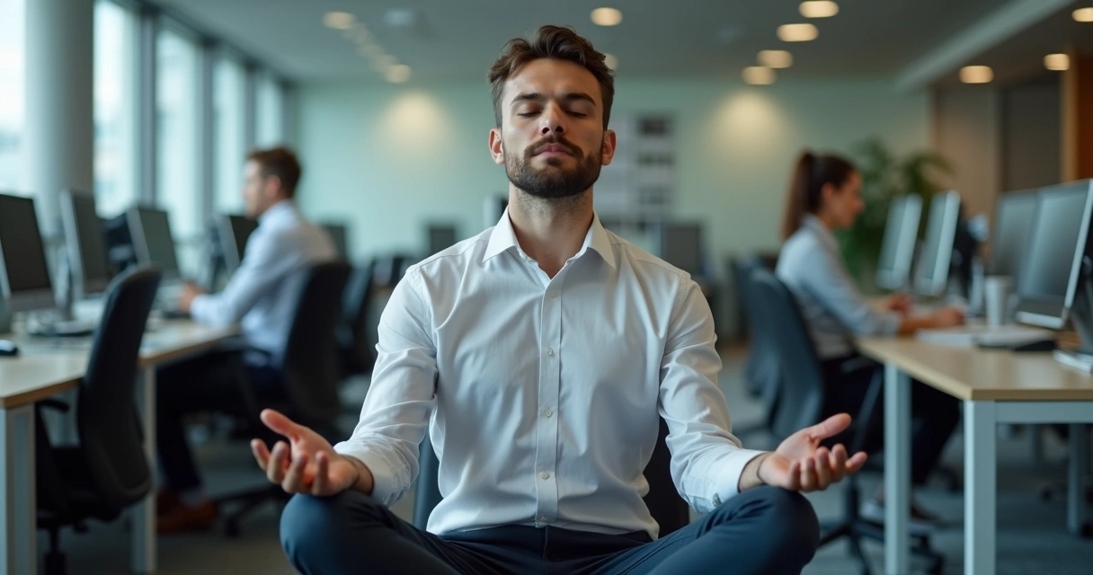 Pessoa sentada ao lado de barulho de escritório, olhos fechados 