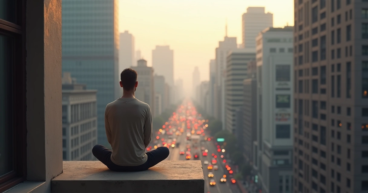 Pessoa sentada em posição de meditação em uma varanda de prédio com a cidade ao fundo 
