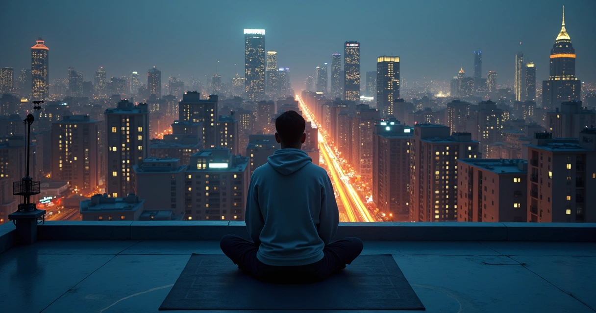 Pessoa meditando em telhado com cidade iluminada ao fundo 