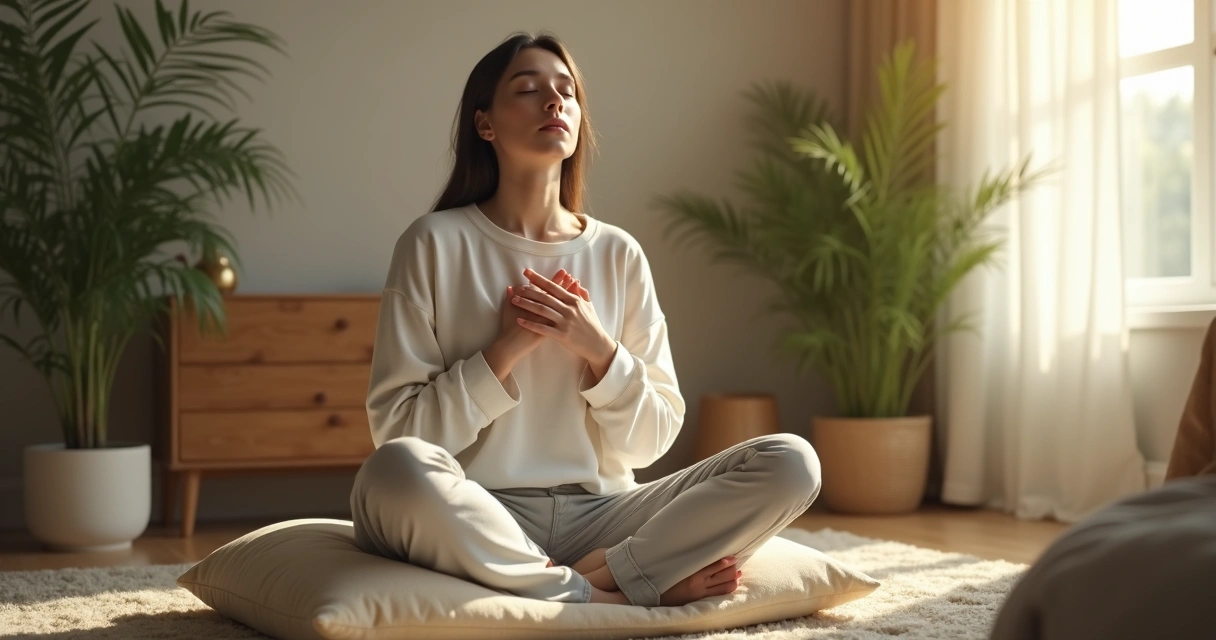 Pessoa meditando em ambiente calmo, praticando autocompaixão 