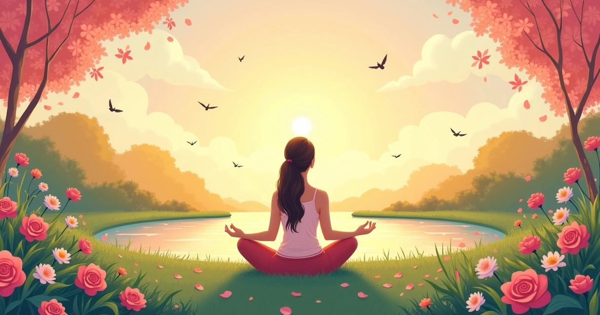 Um praticante de meditação em um jardim tranquilo, cercado por flores e refletindo paz e amor.