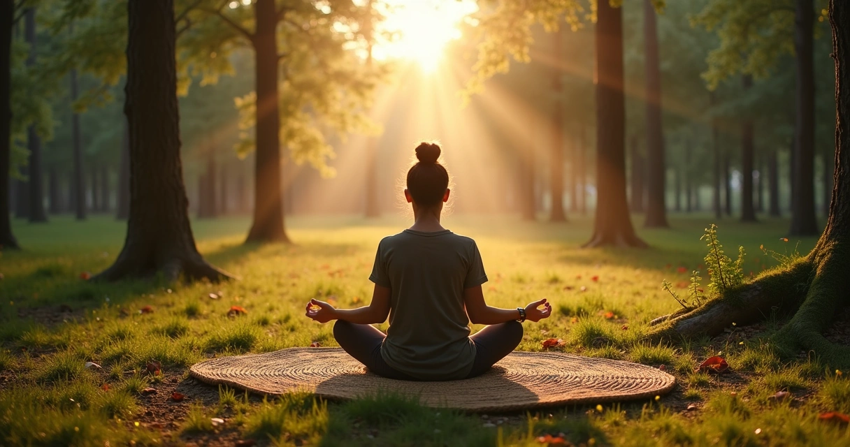 Pessoa sentada em meditação em um bosque ao amanhecer