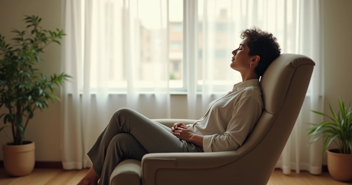 Pessoa sentada em cadeira confortável em posição de meditação 