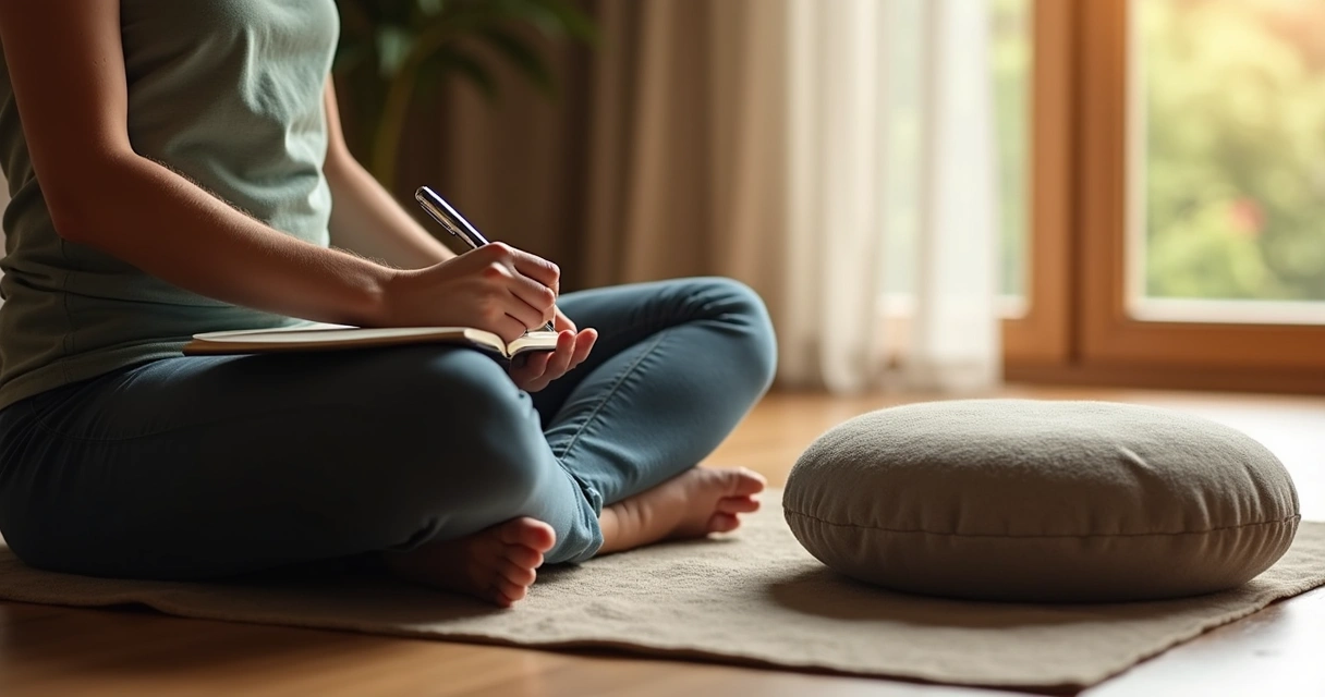 Pessoa sentada com caderno de anotações e caneta após meditação. 