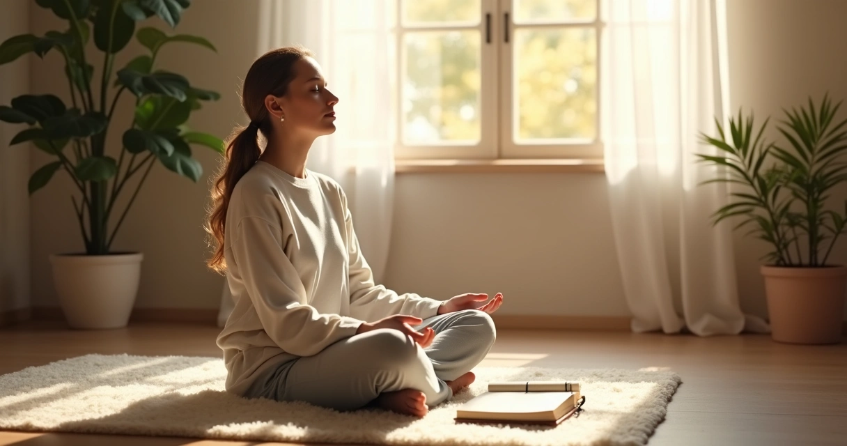 Pessoa meditando sentada com um caderno aberto à sua frente em ambiente tranquilo 