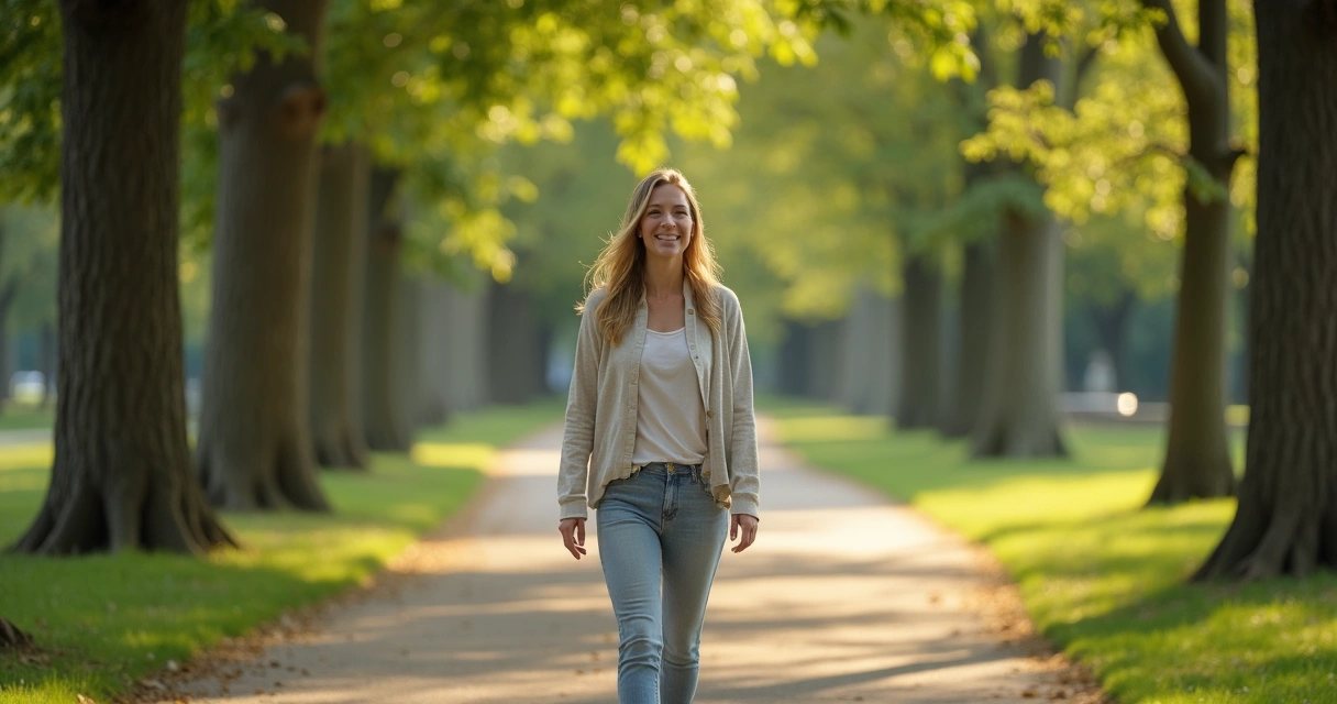 Pessoa caminhando calmamente em um parque arborizado, luz suave ao fundo 
