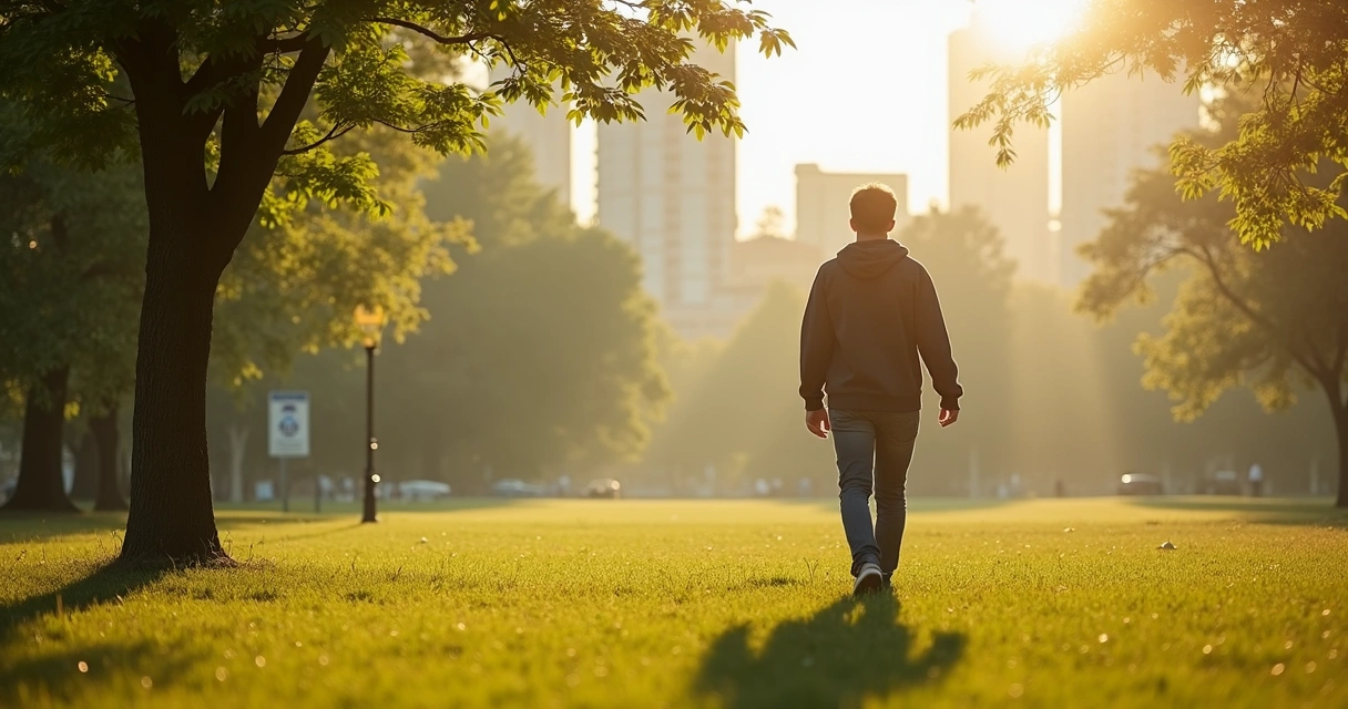 Pessoa caminhando devagar em parque, atento ao redor 