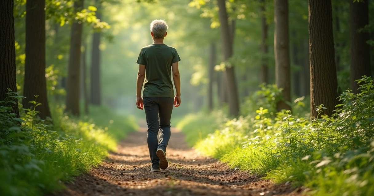 Pessoa caminhando em trilha de floresta com postura relaxada e atenta 