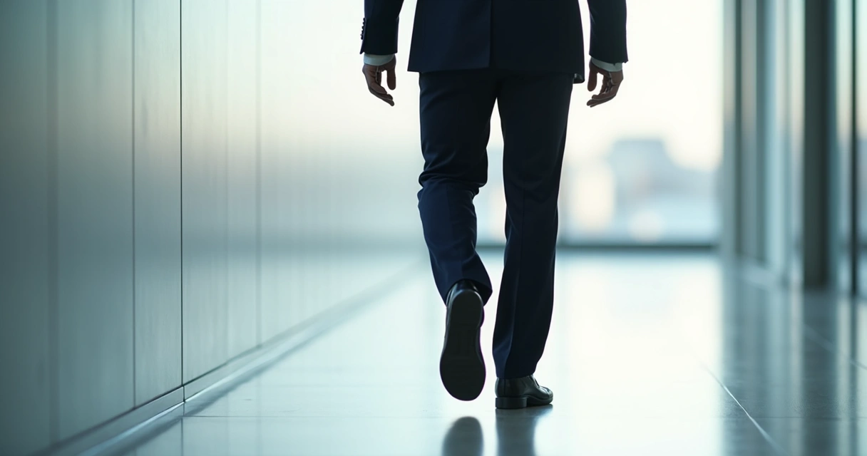 Líder de terno caminhando lentamente em corredor de escritório, foco nos pés no chão 