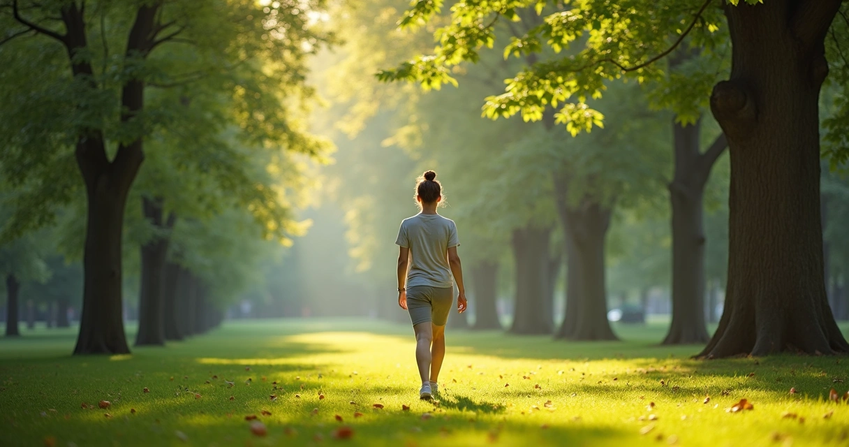Pessoa caminhando lentamente em parque verde com árvores altas 