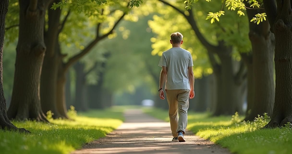 Pessoa caminhando devagar em parque arborizado, parecendo tranquila, árvores ao redor, luz suave.