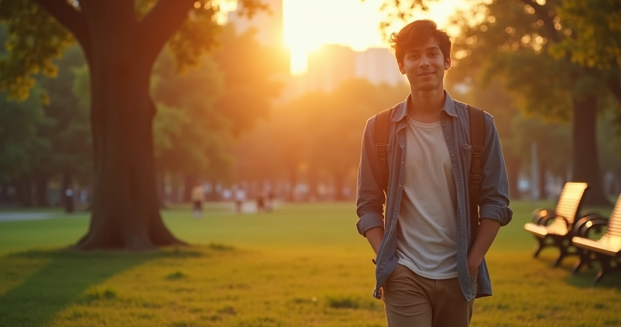 Pessoa caminhando sozinha em um parque, com luz suave ao entardecer 