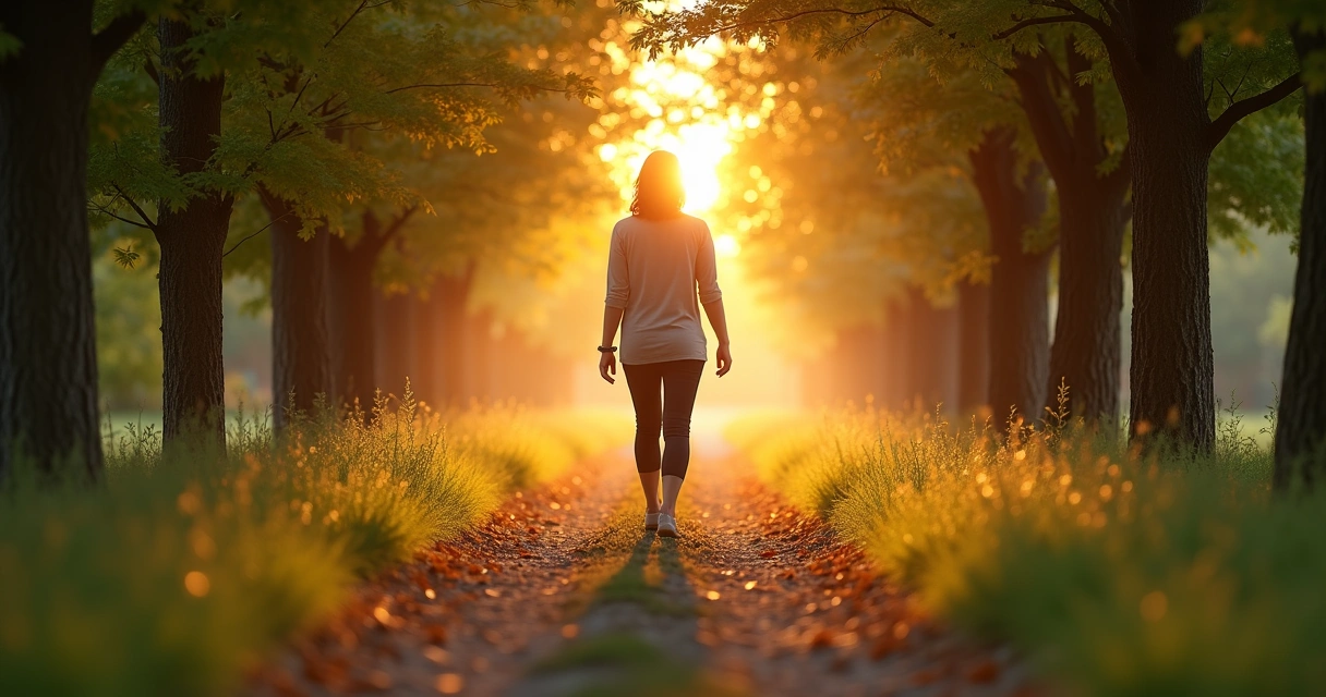 Pessoa caminhando em meio a árvores ao pôr do sol