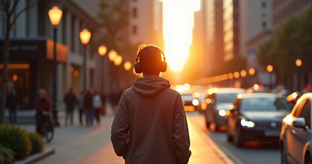 Pessoa caminhando em avenida movimentada com headphones, vista urbana ao fundo. 