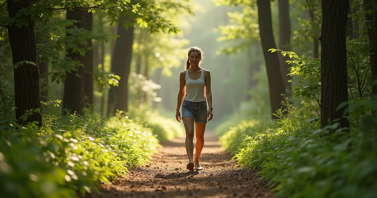 Pessoa caminhando de forma meditativa em trilha natural 