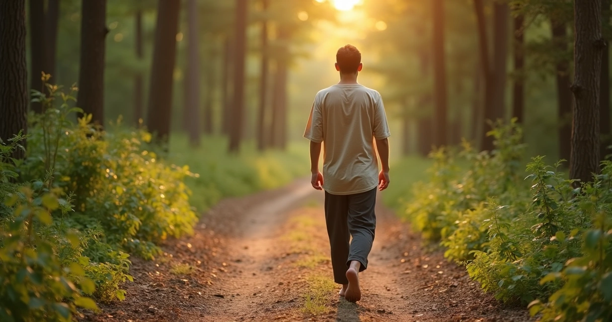 Pessoa caminhando em trilha arborizada praticando meditacao caminhando 