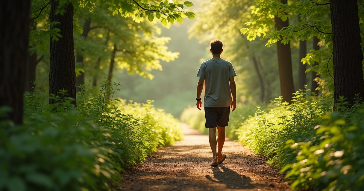 Pessoa caminhando consciente em trilha de floresta