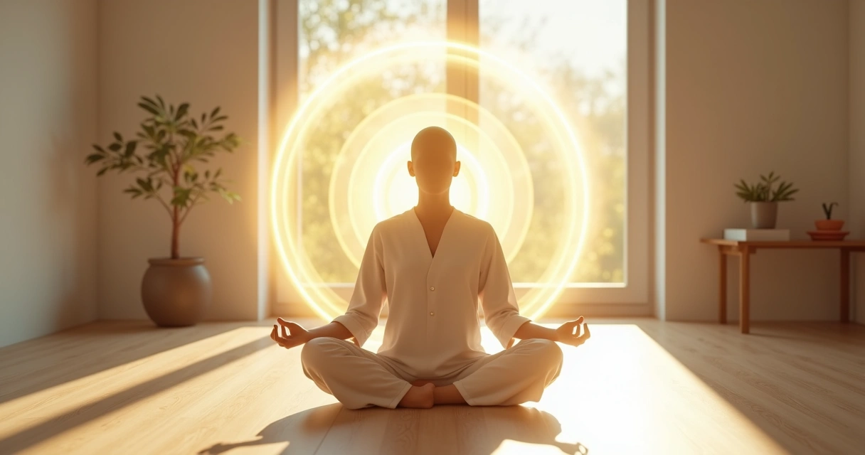 Pessoa meditando em posição de lótus com campo de luz ao redor do corpo 