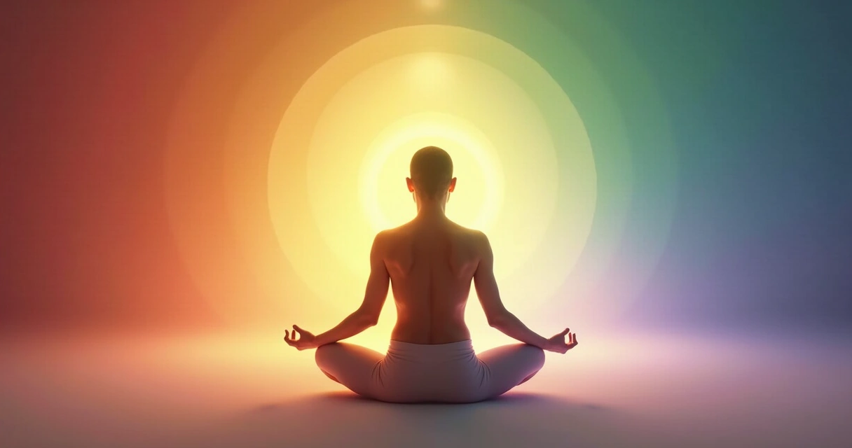 Pessoa meditando com luzes coloridas ao redor